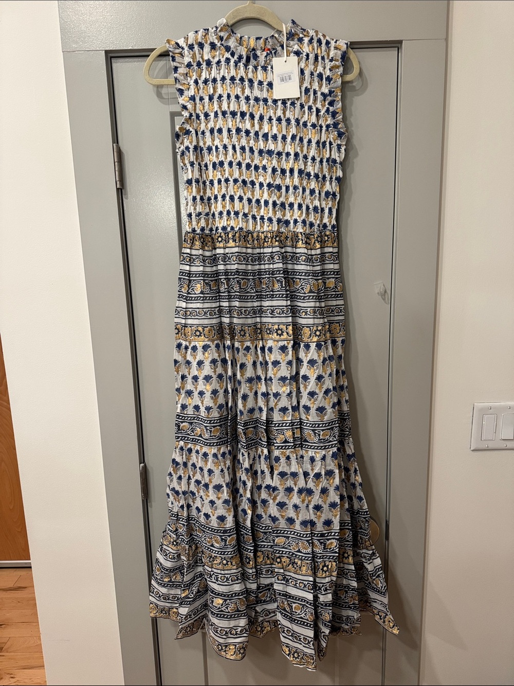 Oliphant Blue and Gold Sleeveless Tiered Maxi Dress